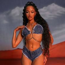 Load image into Gallery viewer, Chain Link Choker Denim Fashion Bikini Set
