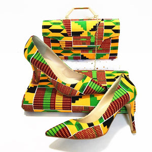 Kente Rooftop Lounge Shoes with Matching Clutch and 6 yards Fabric